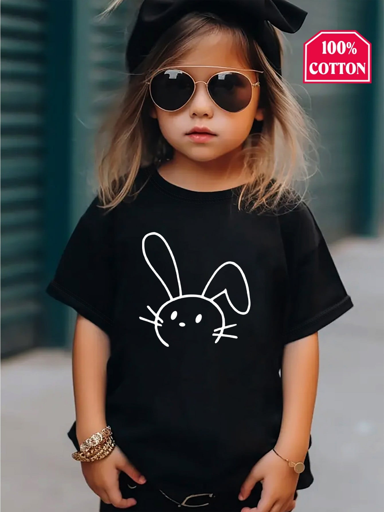 Summer Girls’ Rabbit and Stars Pattern T-shirt in European and American Style main image 0