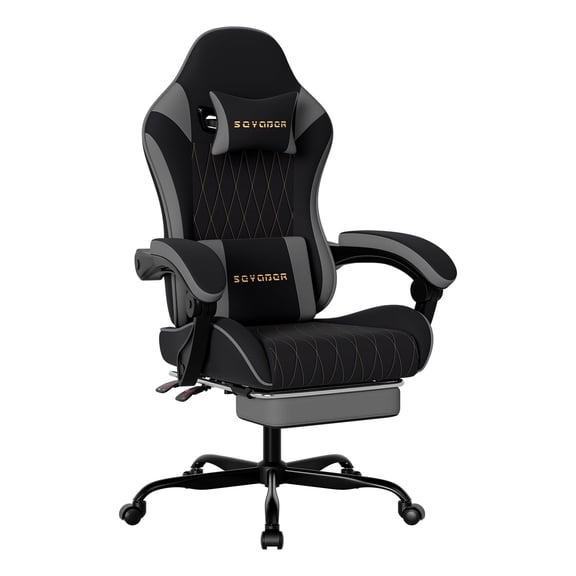 Breathable Fabric Gaming Chair with Retractable Footrest, Ergonomic High Back Office Chair with Lumbar Support and Gold Diamond Pattern, Height Adjustable Swivel Desk Chair for Adults, Black Grey