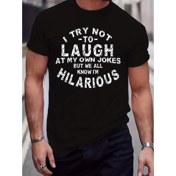 Breathable Fabric| Men's Plus Size Casual T-Shirt - "I Try Not to Laugh" Humorous Print, Mid-Stretch Polyester Blend, Crew Neck, Short Sleeves - Ideal for Summer, PLUS SIZE