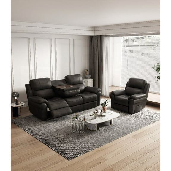 Breathable Fabric Power Reclining Sofa - Drop Down Table & Magazine Bag - USB Button - Espresso
