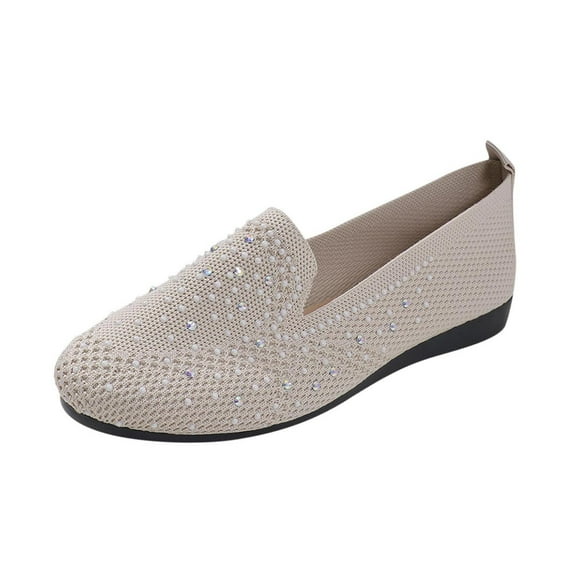 Breathable Flying Mesh Flat Shoes with Rhinestones for Casual Spring Summer Wear - Comfortable Round Toe Slip-On Design Beige,36