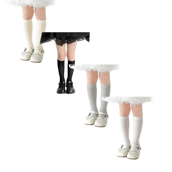 Breathable Girls Socks Double Needle Knit Long Tube Crew Socks For Kids Soft Comfortable Everyday Wear For 3 *4PCS(Black & Grey & White & Beige,L)