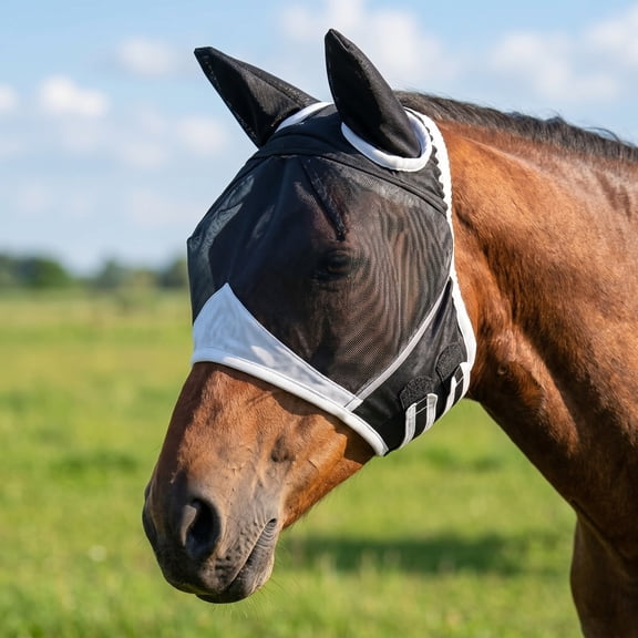 Breathable Horse Fly Mask With Insect Protection, Soft Mesh Equine Face Shield, UV Sun Block Pasture Turnout Mask, Secure Velcro Horse Tack, Navy Horse Fly Net For Ponies