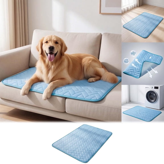 Breathable Ice Silk Pet Cooling Mat, Machine Washable Dog Cool Bed for Sofa and Crate, Summer Non- Floor Pad for Cats and Small Medium Dogs(Blue,S)