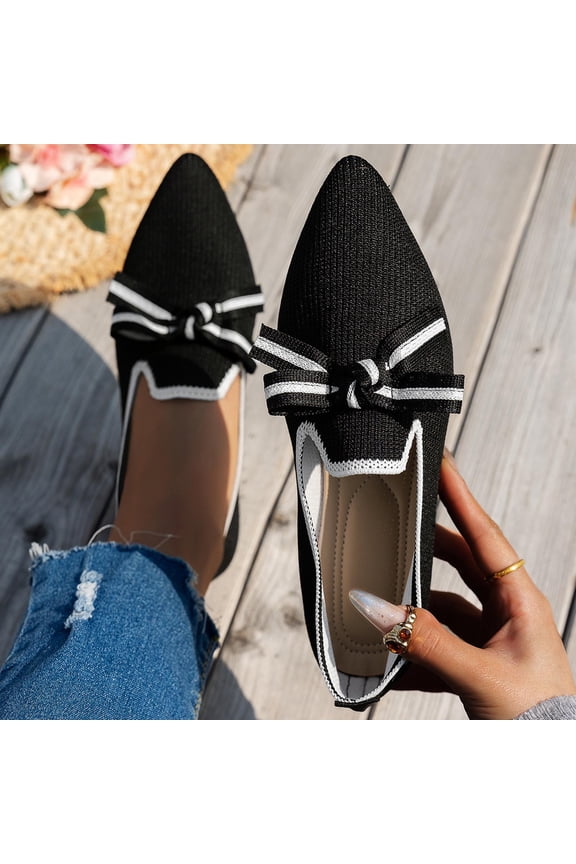 Breathable Knit Flats, Women's Pointed Toe Slip on Shoes with Bow Detail, Casual Comfortable Ballet Flats for Outdoor Indoor Wear