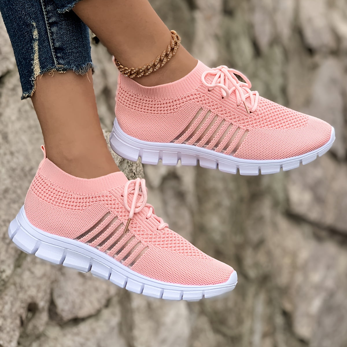 Breathable Knit Sneakers for Women Lightweight LaceUp Mesh Running