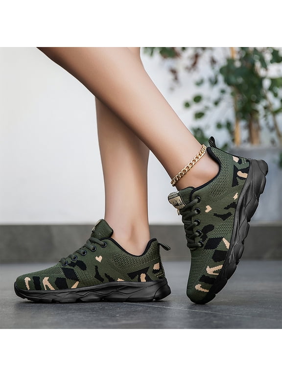 Breathable Knit Sneakers for Women Men, Lightweight Flexible Running Shoes with Camo Print, Comfortable Fashion Sport Walking Athletic Shoes