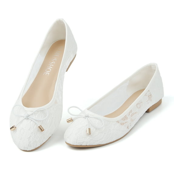 Breathable Lace Round Toe Women Flats,White 8.5