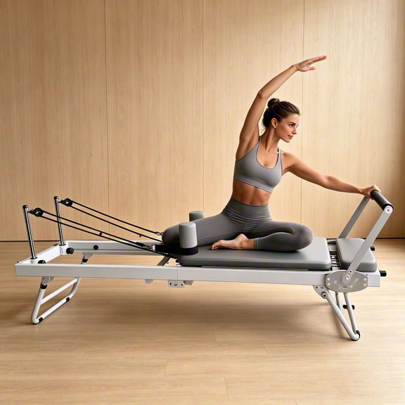 Breathable Leather Pilates Reformer, High-Density Foam Cushioned Platform, Silent Multi-Directional Wheels, 5 Spring Resistance with Steel Slide Rail, Up to 440 LBS for Small Spaces