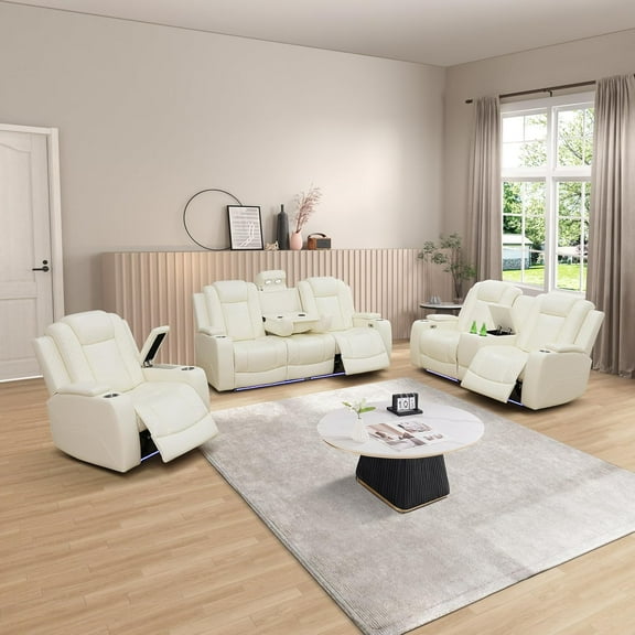 Breathable Leather Power Recliner Sofa Set 3 Piece Living Room Furniture Electric Reclining Leather Couches with Cup Holders, LED Light, USB Port and Storage for Home Theater (Cream White)