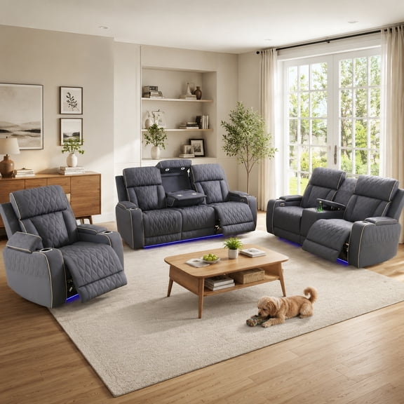 Breathable Leather Power Recliner Sofa Set, 3 Piece Living Room Furniture Set, Electric Reclining Couch Loveseat Chair with Cup Holders, LED Light, USB Port and Storage for Home Theater (Blue-gray)