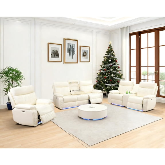 Breathable Leather Recliner Sofa Set with LED, Power Reclining Couch Set with USB Port/Reading Light/Cup Holder, 3 Piece Living Room Furniture for Home Theater (Off White)