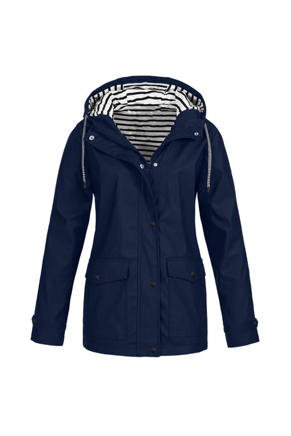 Breathable Light Hooded Rain Jacket Women Waterproof Wind Resistant Zip Up Raincoat Travel Commute Dressy Rain Trench Coat Navy 4XL