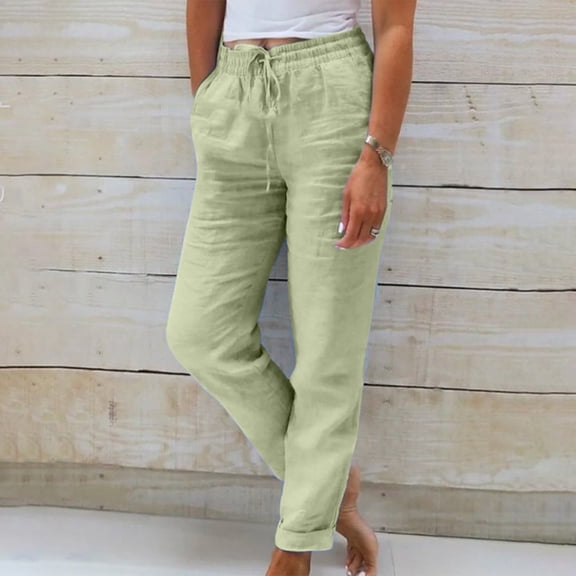Breathable Linen Blend Pants - Ladies' Fashionable Solid Color Cotton and Linen Loose Drawstring Casual Wide Leg Pants Green L