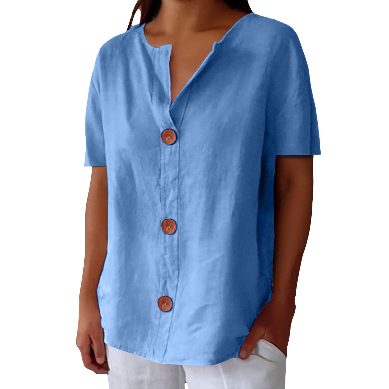 Breathable Linen Blend V Neck Top for Women Airy Short Sleeve Loose Fit Beach Shirt Casual ...
