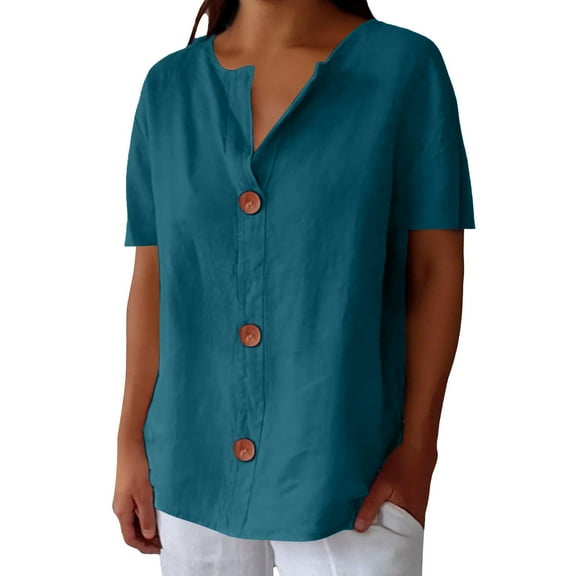 Breathable Linen Blend V Neck Top for Women Airy Short Sleeve Loose Fit Beach Shirt Casual Summer Vacation Blouse