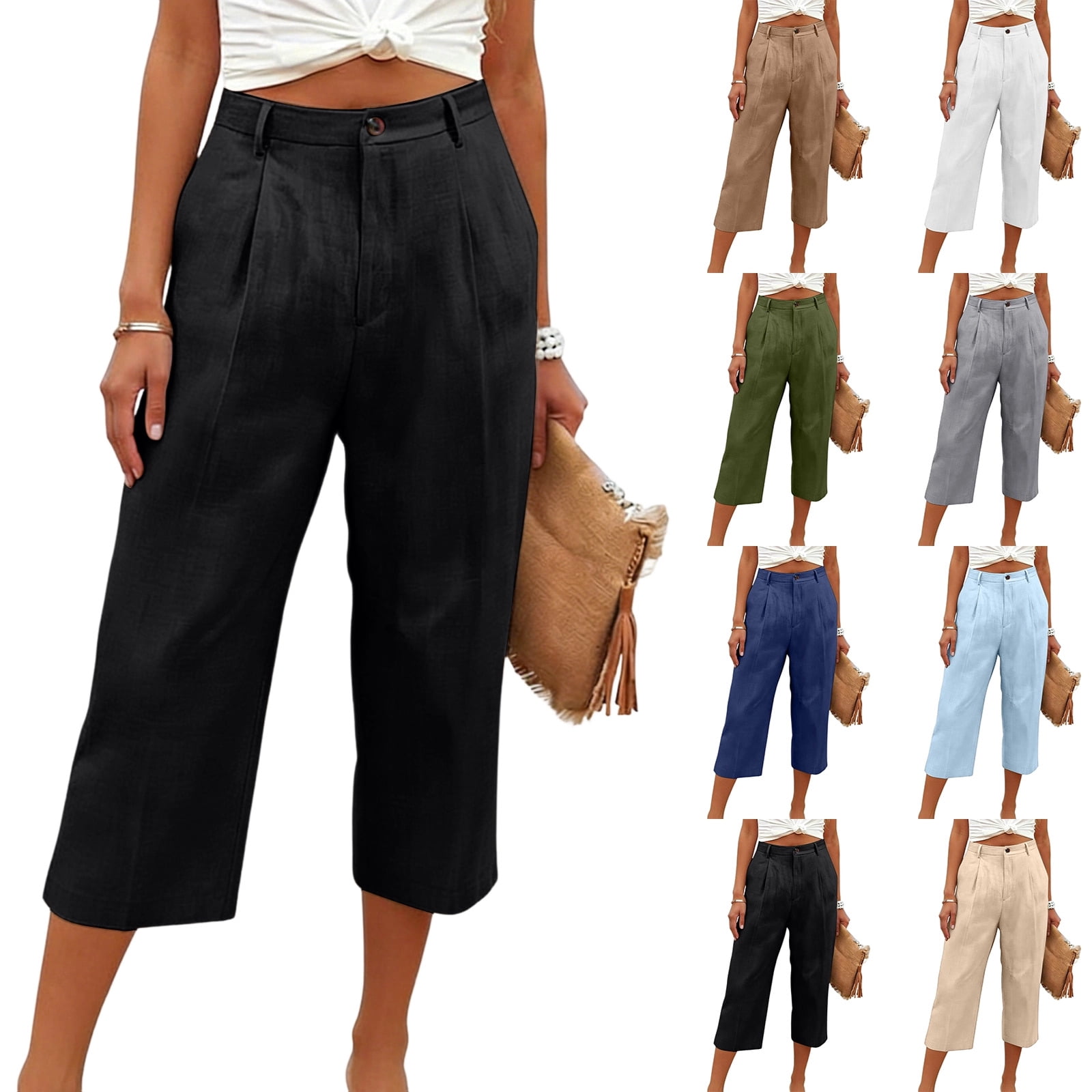 Breathable Linen Capri Pants for Women Wide Leg Pleated Front High ...