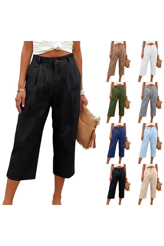 Breathable Linen Capri Pants for Women Wide Leg Pleated Front High Waisted Trousers Button Fly with Pockets Casual Summer Elegant Slacks, #01 Black, XXL