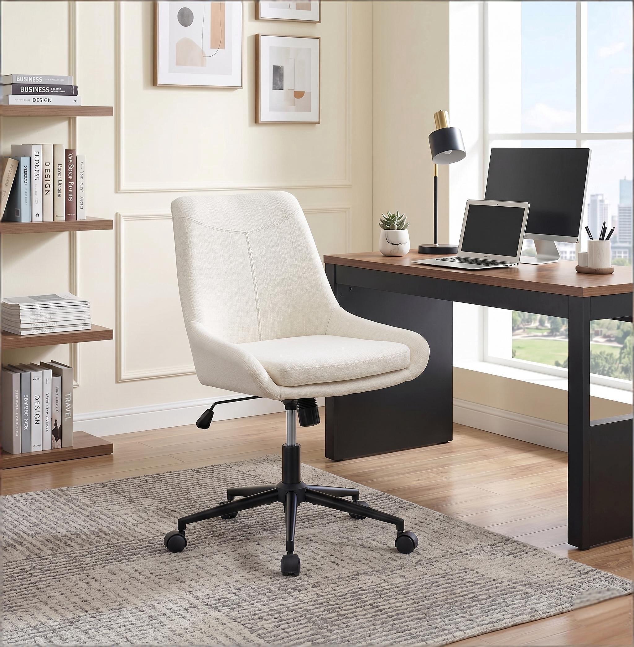 Breathable Linen Fabric Home Office Chair, Comfortable Armless Task Chair Swivel Rolling Adjustable Height Home Office