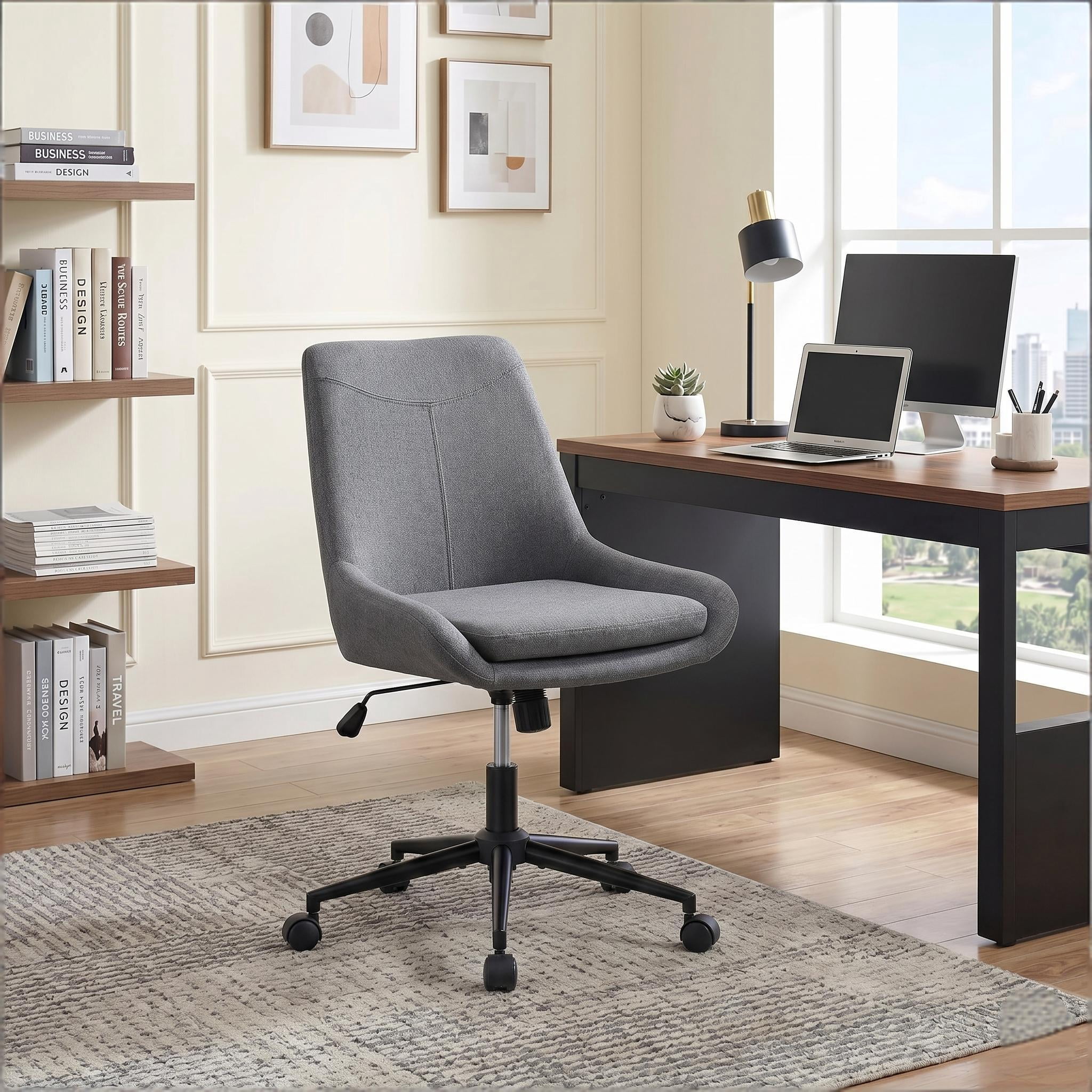 Breathable Linen Fabric Home Office Chair, Comfortable Armless Task Chair Swivel Rolling Adjustable Height Home Office