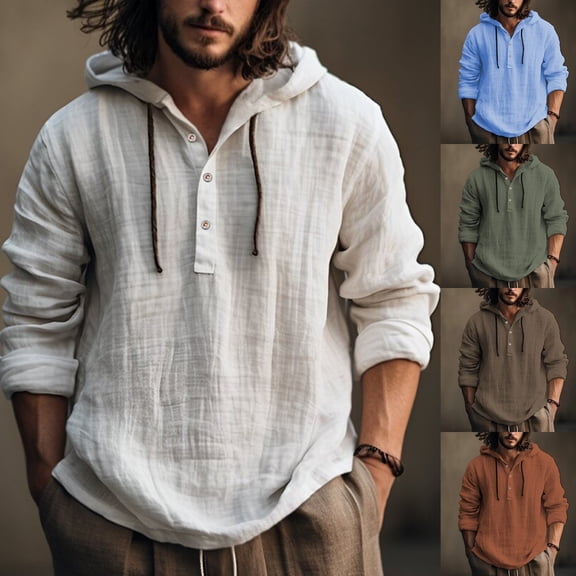 Breathable Linen Hoodie for Men Relaxed Fit Long Sleeve Button Up Shirt Boho Style Beach Daily Wear Coffee S