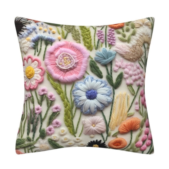 Breathable Linen Pillowcase with 3D Floral Digital Print, Imitation Embroidery Design for Sofa & Bed – Soft Pink Roses & Blue Irises on Beige Background