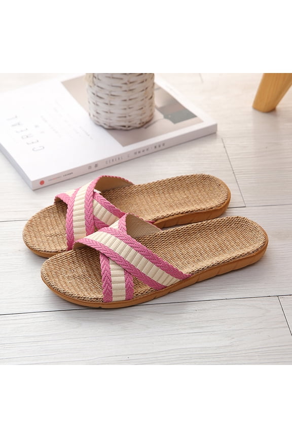 Breathable Linen Woven Slide Sandals Non-slip Durable Cross-Band Slippers Lightweight Comfortable Indoor Outdoor Beach Footwear Pink 35