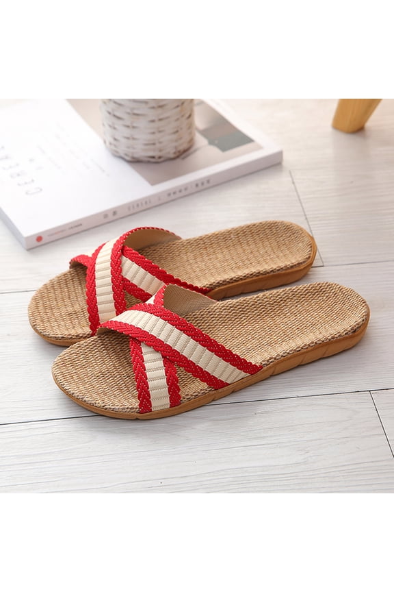 Breathable Linen Woven Slide Sandals Non-slip Durable Cross-Band Slippers Lightweight Comfortable Indoor Outdoor Beach Footwear Red 37