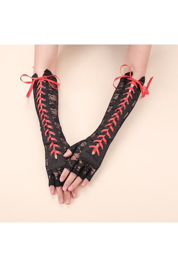 Breathable Long Lace Gloves for Women, Stretchy Fingerless Satin Back Evening Gloves with Adjustable Tie, Victorian Style Gloves for Cosplay Prom Wedding Opera - Red