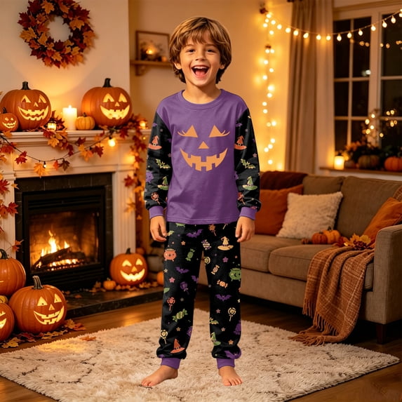 Breathable Matching Family Halloween Pajamas Set, Printed Long Sleeve PJs Lounge Sleepwear Outfits for Cozy Holiday Evening