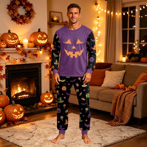 Breathable Matching Family Halloween Pajamas Set, Printed Long Sleeve PJs Lounge Sleepwear Outfits for Cozy Holiday Evening