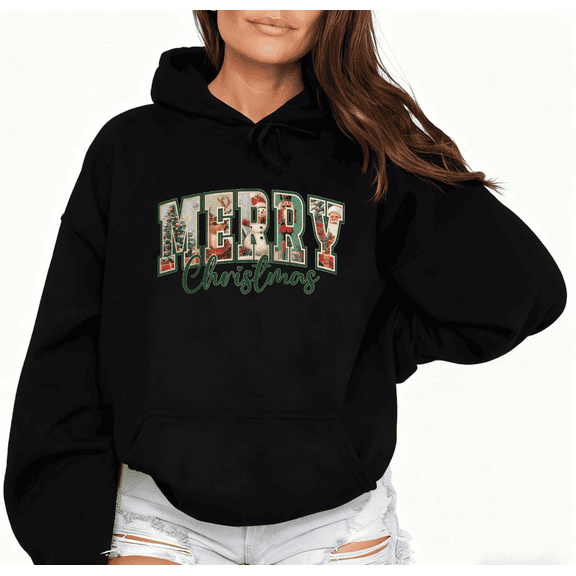 Breathable Merry Christmas Vintage Graphic Tee T-Shirt Top Print Hooded long-sleeved Black S-2XL