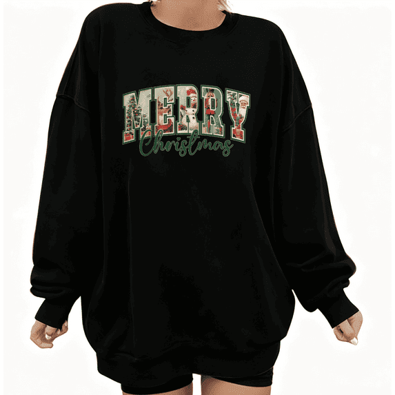 Breathable Merry Christmas Vintage Graphic Tee T-Shirt Top Print Round-neck long-sleeved Black S-3XL