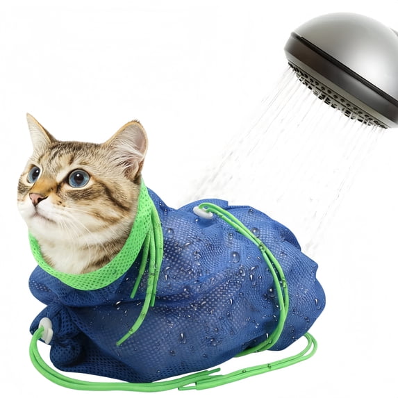 Breathable Mesh Anti Scratch Adjustable Cat Net Bag for Bathing,Cat Grooming Bag for Nail Trimming - Polyester Soft Cat Washing Bag (Blue-Green)