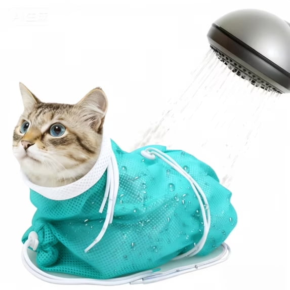 Breathable Mesh Anti Scratch Adjustable Cat Grooming Bag for Nail Trimming, Bathing - Polyester Soft Cat Washing Bag (Green-White)