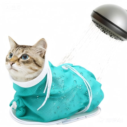 Breathable Mesh Anti Scratch Adjustable Cat Grooming Bag for Nail Trimming, Bathing - Polyester Soft Cat Washing Bag (Green-White)