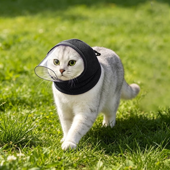 Breathable Mesh Cat Muzzle with Transparent Guard Adjustable Anti-Lick Head Protector for Grooming Bathing