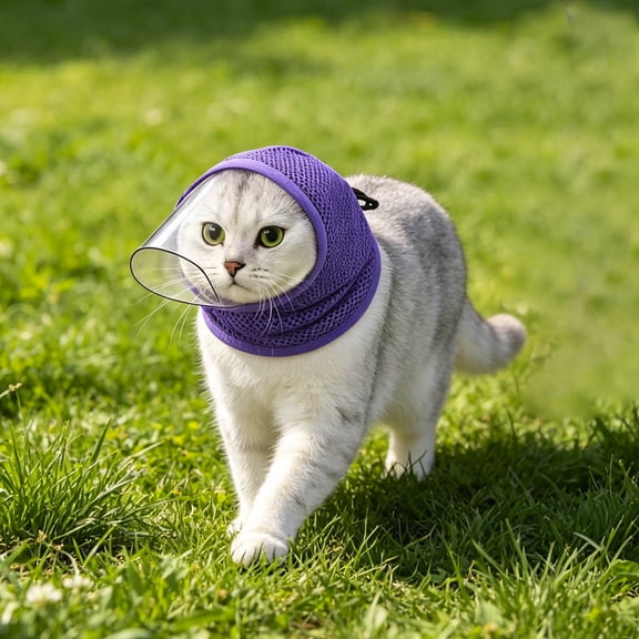 Breathable Mesh Cat Muzzle with Transparent Guard Adjustable Anti-Lick Head Protector for Grooming Bathing