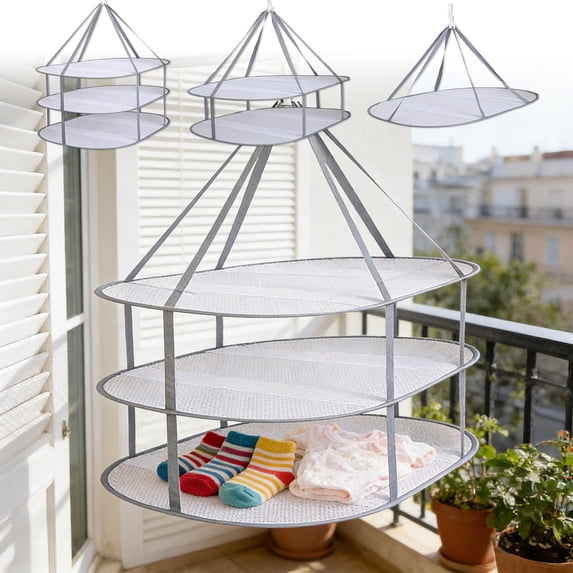 Breathable Mesh Clothes Drying Basket with Multi-Layer Design for Sweaters and Delicates, Foldable Windproof Laundry Dryer for Balcony and Home