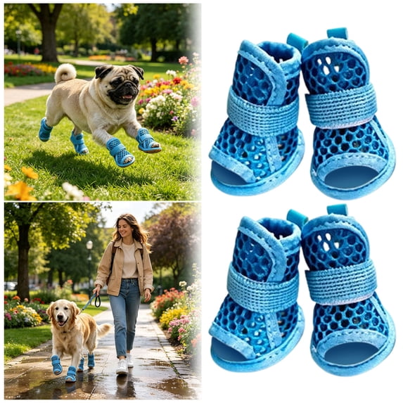 Breathable Mesh Dog Boots Anti- Rubber Paw Protector Shoes Adjustable Elastic Strap Puppy Walking Booties Blue - 3#