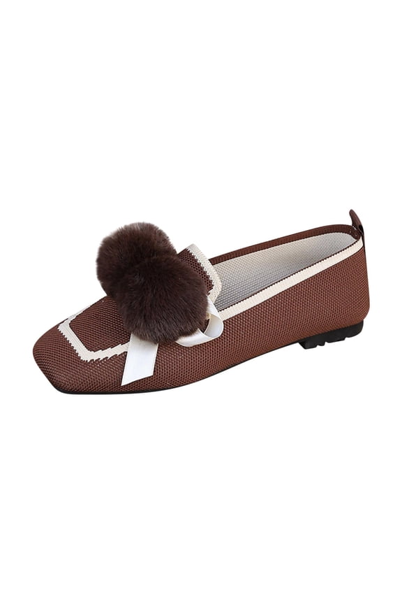 Breathable Mesh Flat Shoes for Women, Casual Spring Summer Style, Square Toe Slip-On with Pom Poms, Versatile Lightweight Comfort Footwear Brown,38