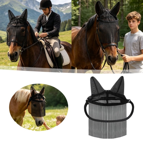 Breathable Mesh Horse Fly Veil with Fringe, Adjustable Anti-Mosquito Horse Ear Bonnet 56×42cm, Soft Lightweight Fly Mask for Riding Training Pasture Outdoor Protection