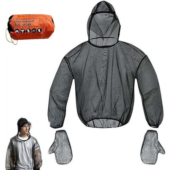 Breathable Mesh Mosquito Bug Jacket with Hood and Face Net Full Head to Body Coverage Insect Protection Shirt Lightweight Net Suit for Fishing Hiking Camping Gardening Men Women Protective Gear