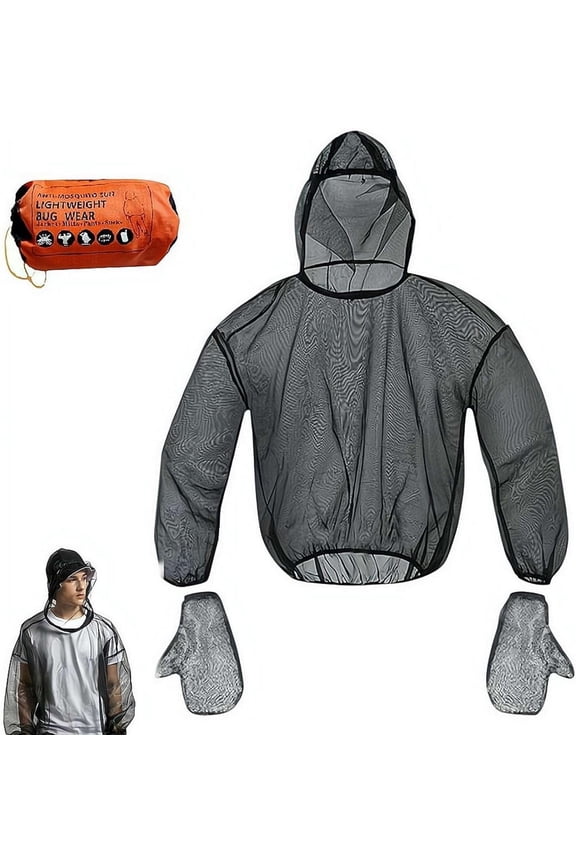 Breathable Mesh Mosquito Bug Jacket with Hood and Face Net Full Head to Body Coverage Insect Protection Shirt Lightweight Net Suit for Fishing Hiking Camping Gardening Men Women Protective Gear