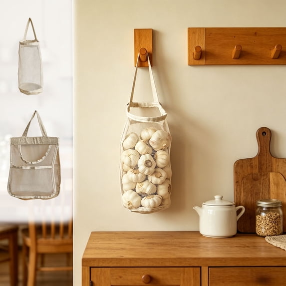Breathable Mesh Produce Storage Bag Hanging Organizer for Garlic Onions Ginger Reusable Wall Mount Pantry Kitchen Cabinet Vegetable Holder