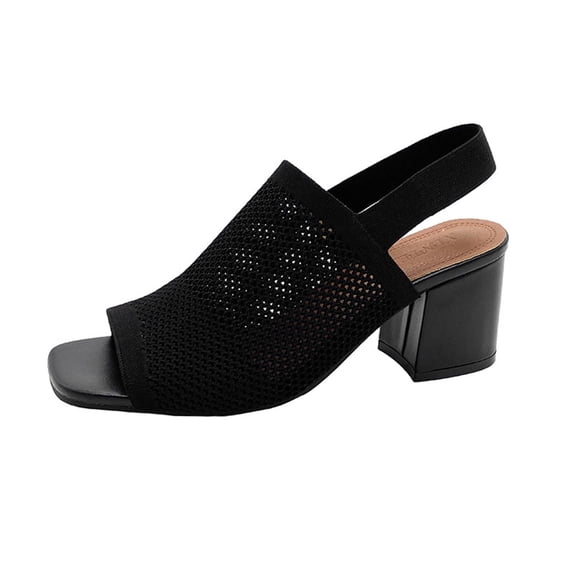 Breathable Mesh Square Toe High Heel Sandals for Women, Adjustable Slingback, Casual Summer Footwear, Comfortable Thick Block Heel Black,40