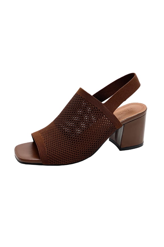 Breathable Mesh Square Toe High Heel Sandals for Women, Adjustable Slingback, Casual Summer Footwear, Comfortable Thick Block Heel Brown,42
