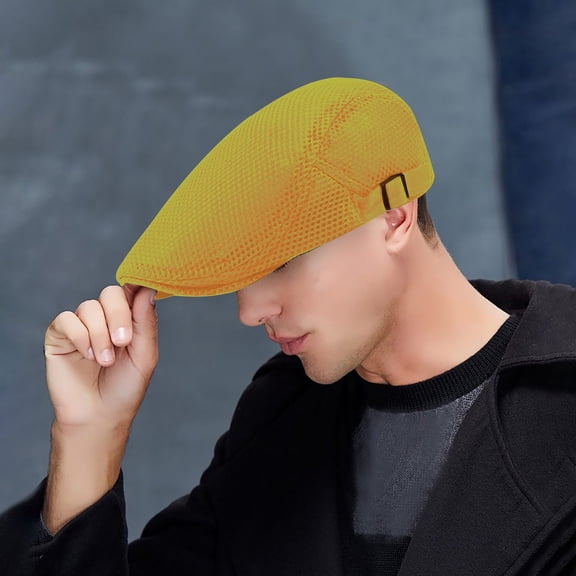 Breathable Mesh Summer Hat, Newsboy Beret Cap, Cabbie Flat Cap With Unique Belt Design, Easy To Clean, Yellow One Size, Size One Size