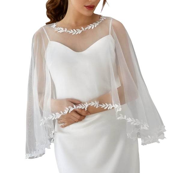 Breathable Mesh Wedding Shawl Adorned With Embroidery Leaves Bridal Capelet For Ceremony Reception Dinner Party
