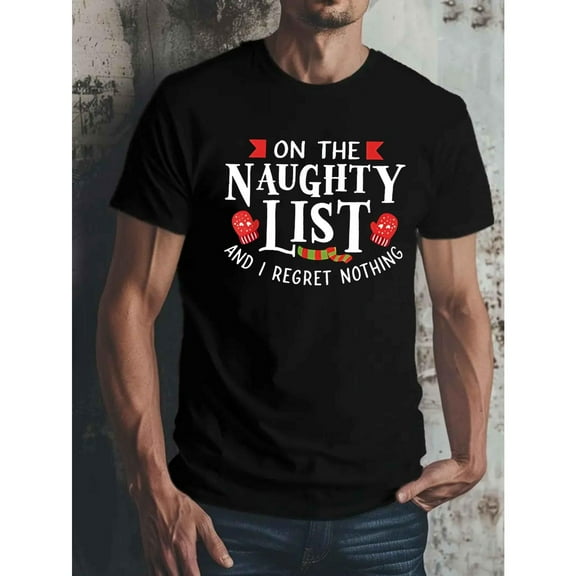 Breathable Naughty List Tee Casual Geometric Design T Shirt Short Sleeve Graphic Tees Top Black S-5XL